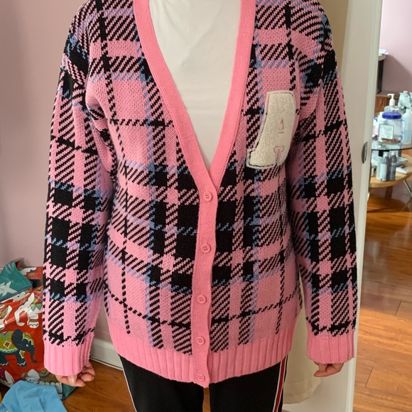 Plaid Pink Varsity Cardigan Sweater 